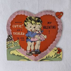 VTG 1940s Valentine Fold Out Die Cut Kids Couple Tickled Cutie Greeting Card